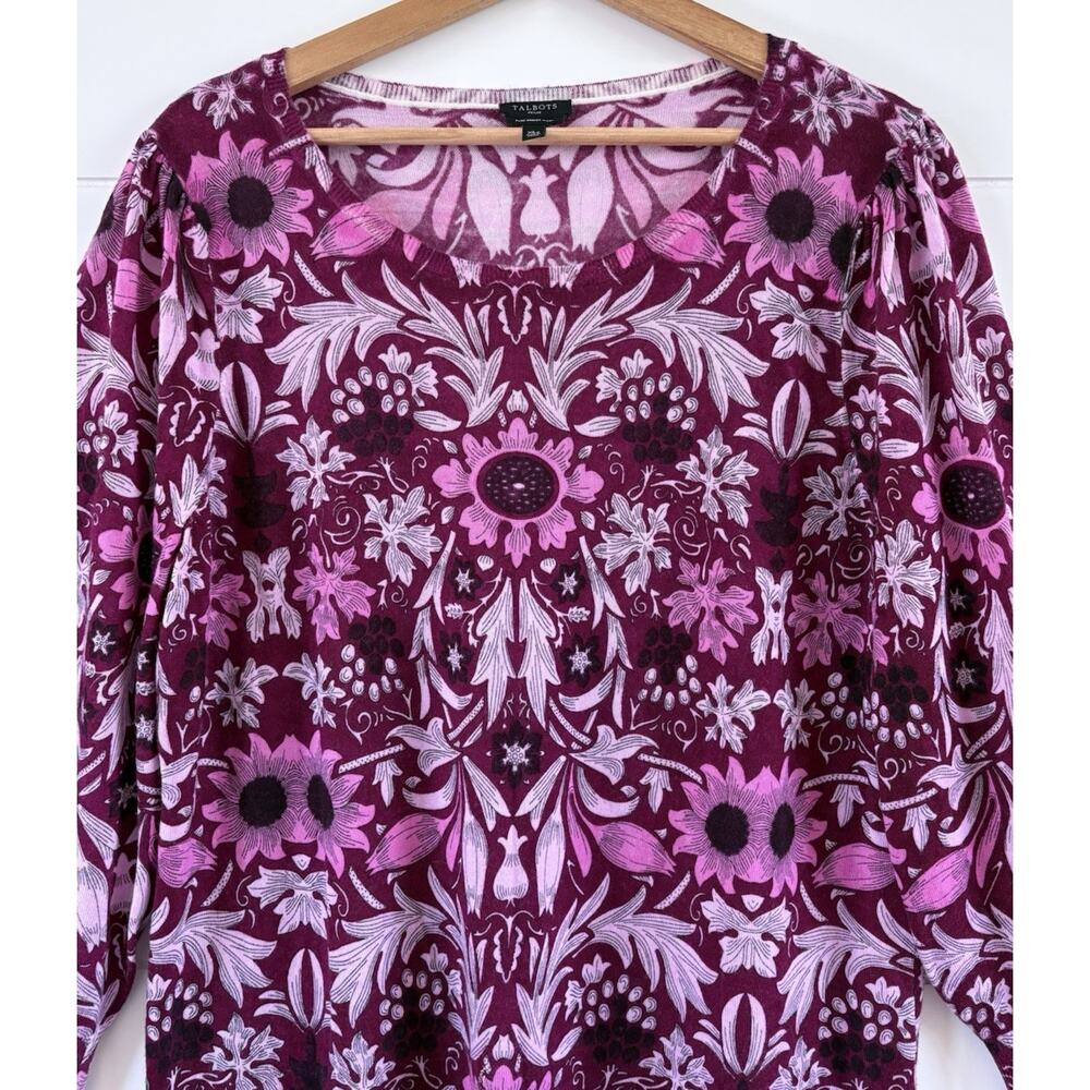 Talbots Womens XL Petite Lightweight Merino Wool Floral Sweater Pink Burgundy - Picture 6 of 11